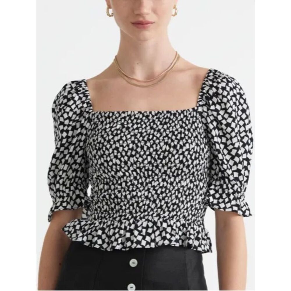 & Other Stories Black and White Smocked Square-Neck Top